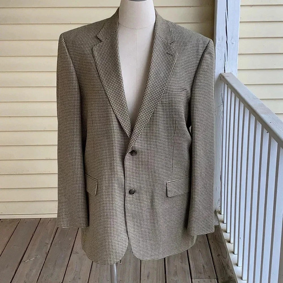 LANDS END Houndstooth Blazer Wool Silk Linen Blend Mens 46L Sport Coat Jacket - Picture 1 of 14